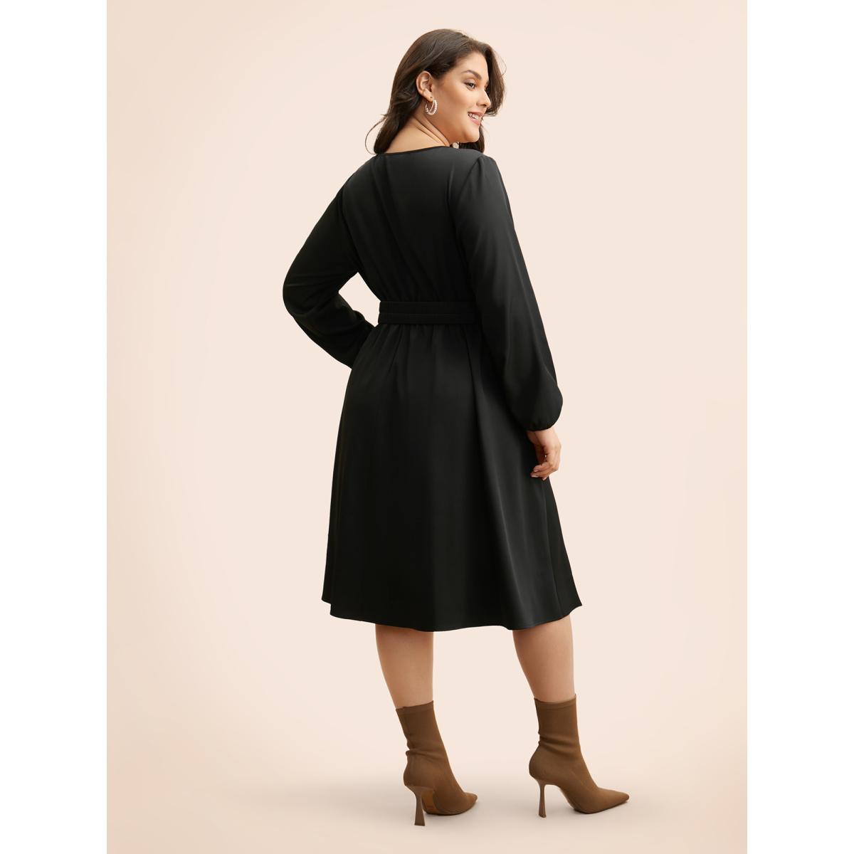 Plus Size Keyhole Metal Detail Belted Midi Dress Black Women Elegant Gathered Round Neck Long Sleeve Curvy BloomChic 14-16/1X Product Image