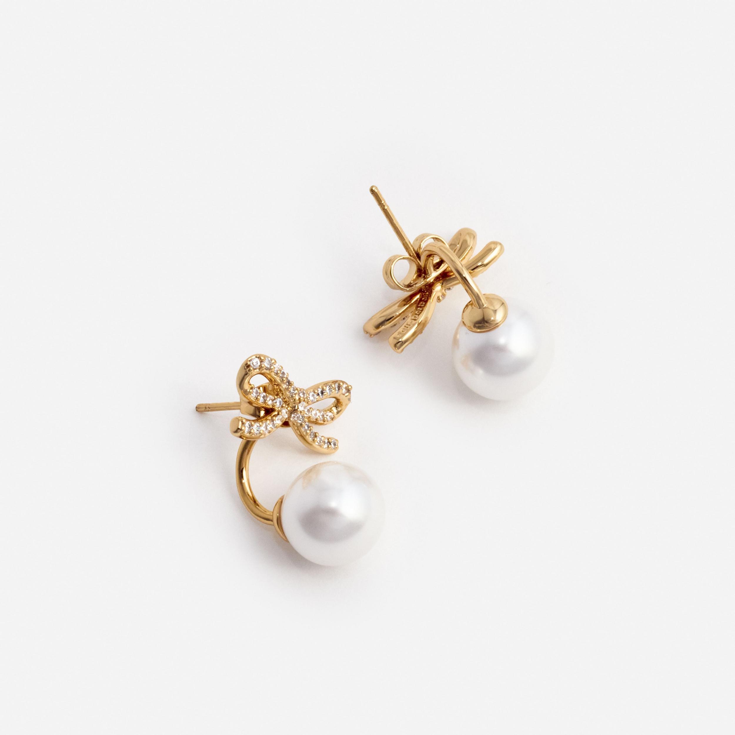 Gold Bow Pearl Jacket Earrings Product Image