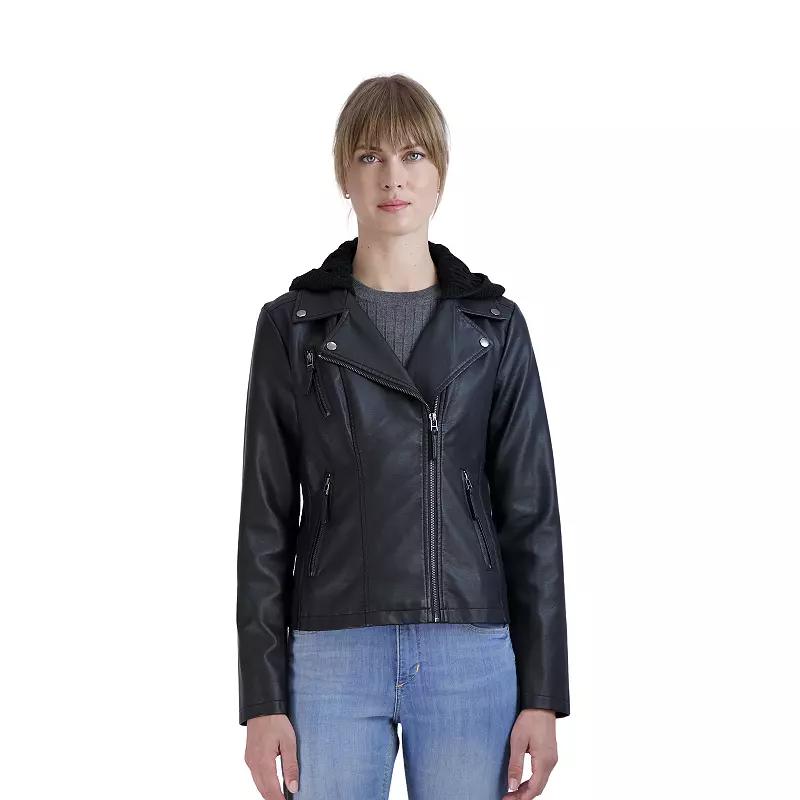 Women's Sebby Collection Hooded Faux-Leather Moto Jacket, Size: Large, Brown Product Image