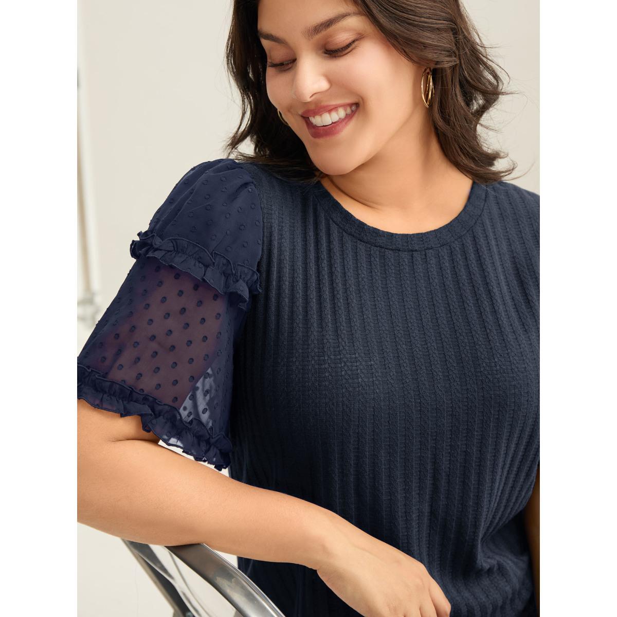Plus Size Textured Pit Strip Layered Sleeve Sheer T-Shirt Indigo Women Texture Round Neck Everyday-Casual T-shirts BloomChic 12/L Product Image