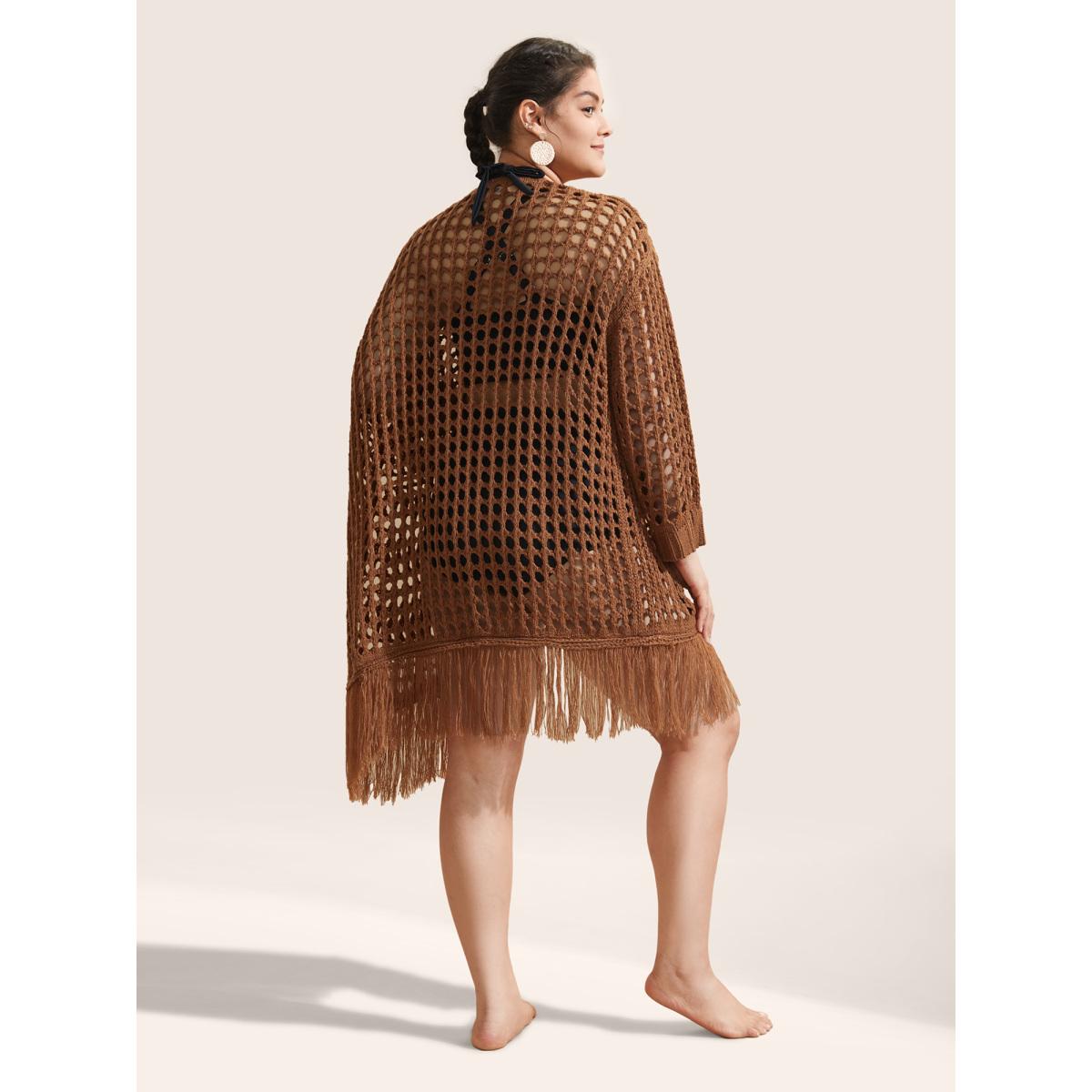 Plus Size Solid Cut Out Fringe Hem Swim Cover Up Women's Swimwear Chocolate Beach Tassels Curve Swim Cover Ups BloomChic 18-20/2X Product Image
