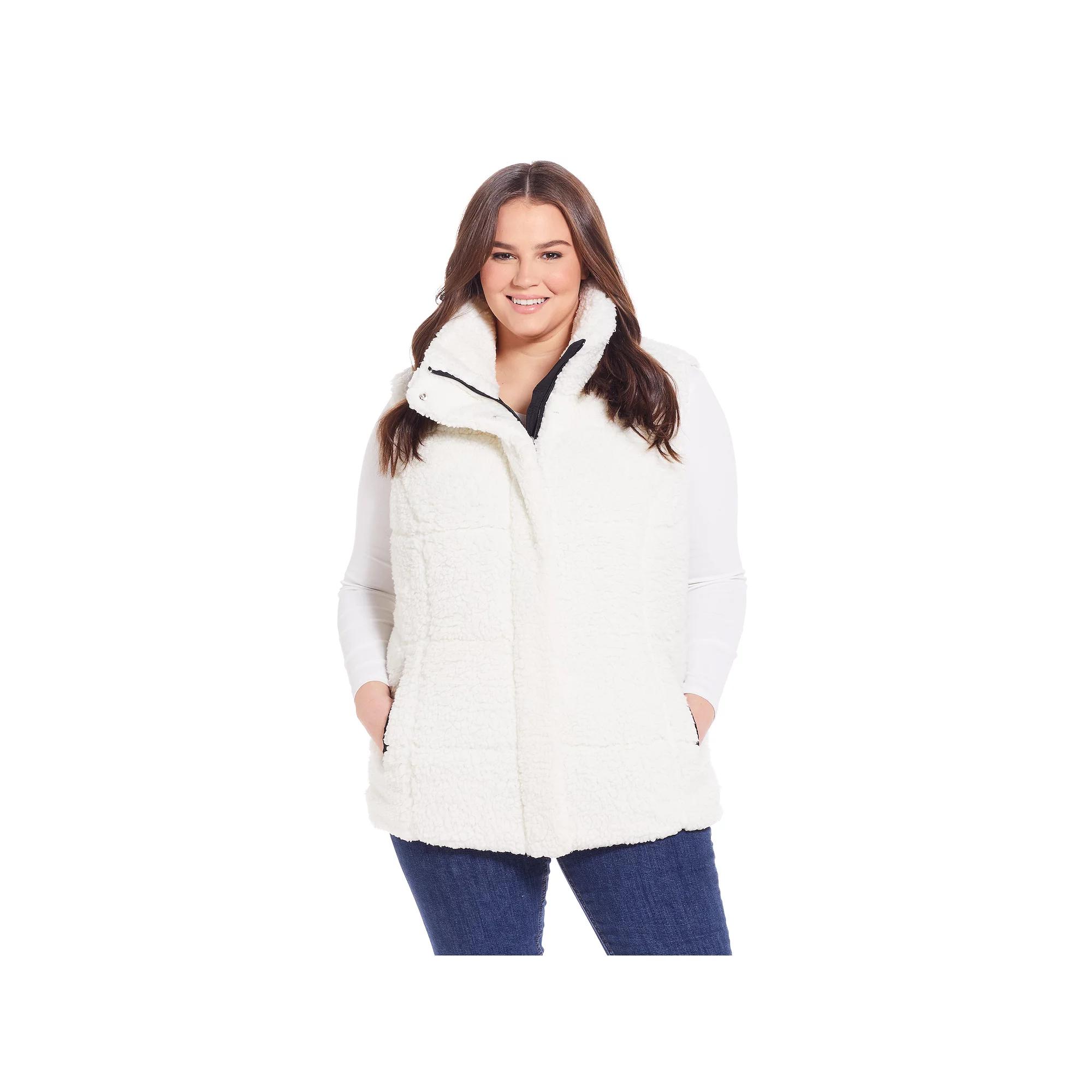 Plus Size Weathercast Sherpa Puffer Vest, Women's, Size: 1XL, Cream Black Product Image