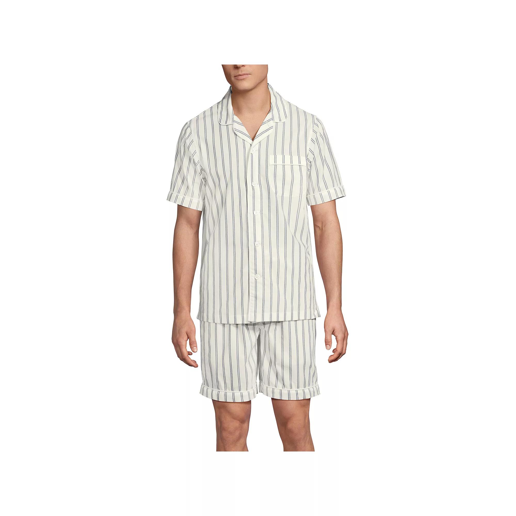Men's Lands' End Essential Short Sleeve Top & Shorts Pajama Set, Size: Large, Egret White Stripe Product Image