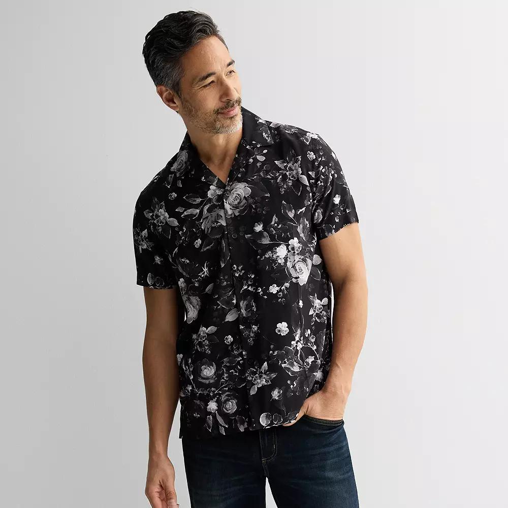 Men's Apt. 9 Short Sleeve Rayon Camp Collar Shirt, Size: Medium, Black Subtle Floral Product Image