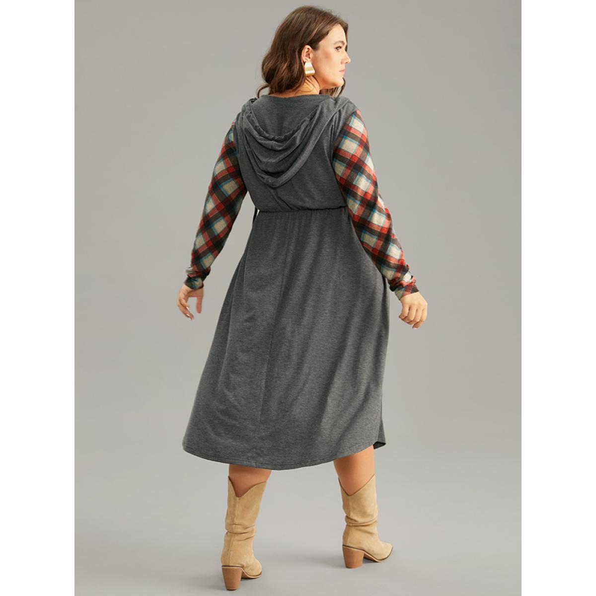 Plus Size Supersoft Essentials Hooded Plaid Patchwork Drawstring Dress DimGray Women Casual Printed Hooded Long Sleeve Curvy Midi Dress BloomChic 12/L Product Image
