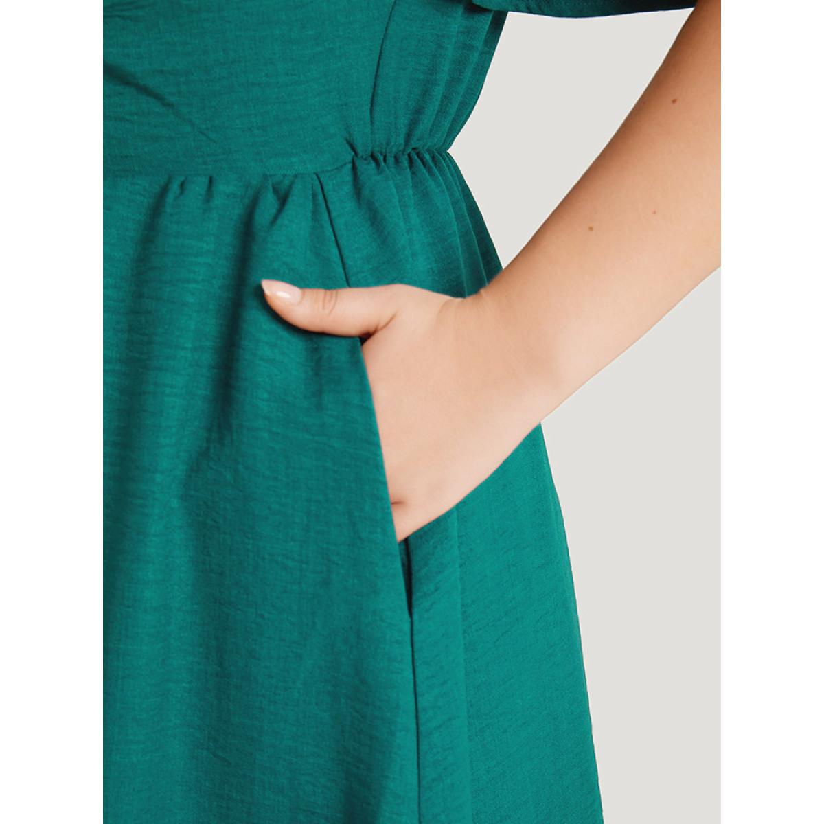 Plus Size Solid Drawstring Pocket Ruffle Trim Layered Dress Teal Women Elegant Gathered V-neck Short sleeve Curvy Midi Dress BloomChic 22-24/3X Product Image