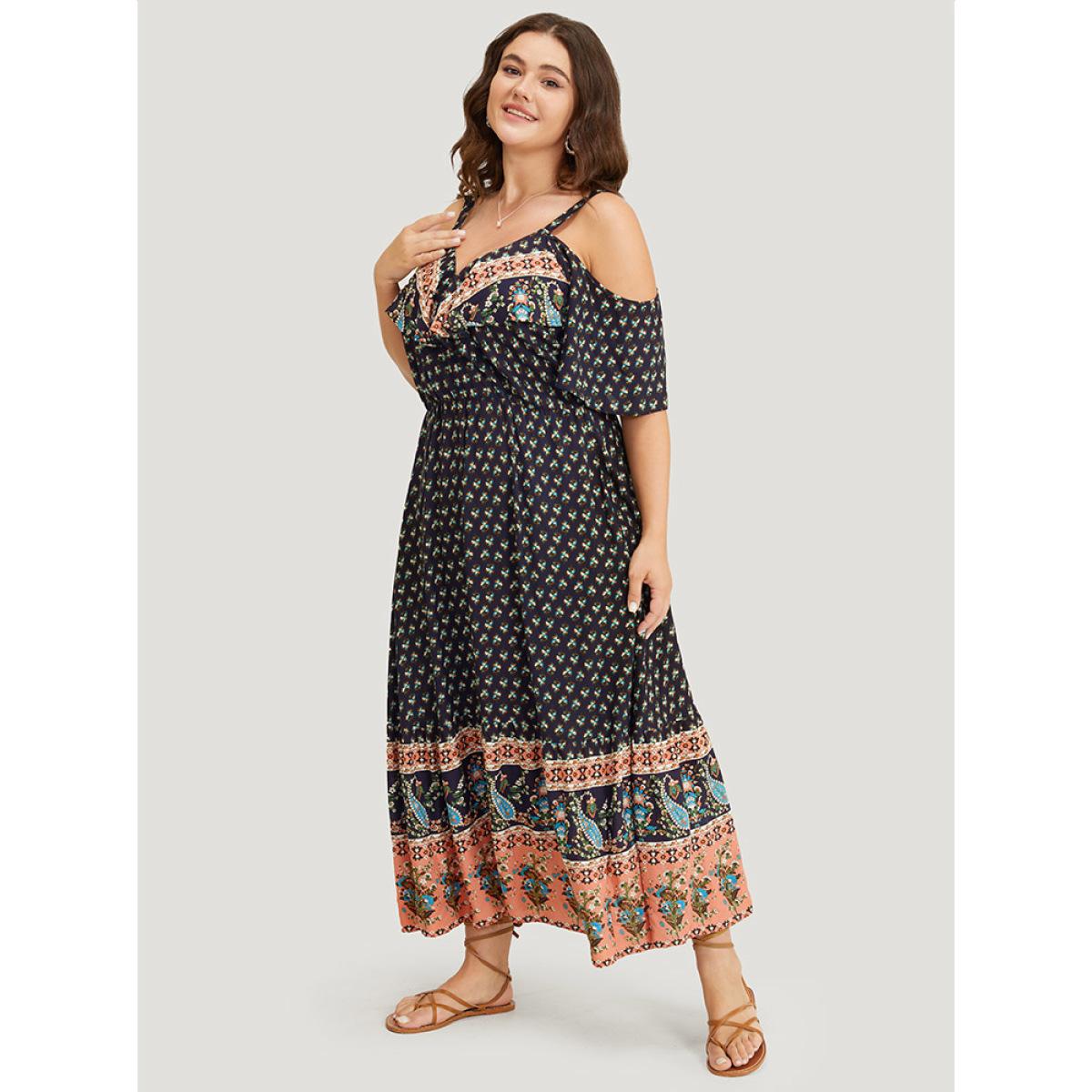 Plus Size Bandana Print Pocket Ruffle Trim Cold Shoulder Maxi Dress Indigo Women Vacation Adjustable Straps V-neck Short sleeve Curvy Maxi Dress BloomChic 12/L Product Image