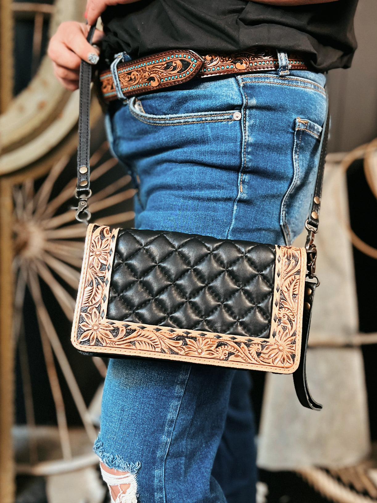 Darling Quilted Black Leather Crossbody Bag With Tooled Leather Border Product Image