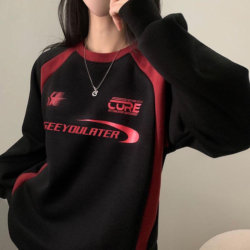 Crew Neck Lettering Print Raglan Fleece-Lined Sweatshirt Product Image