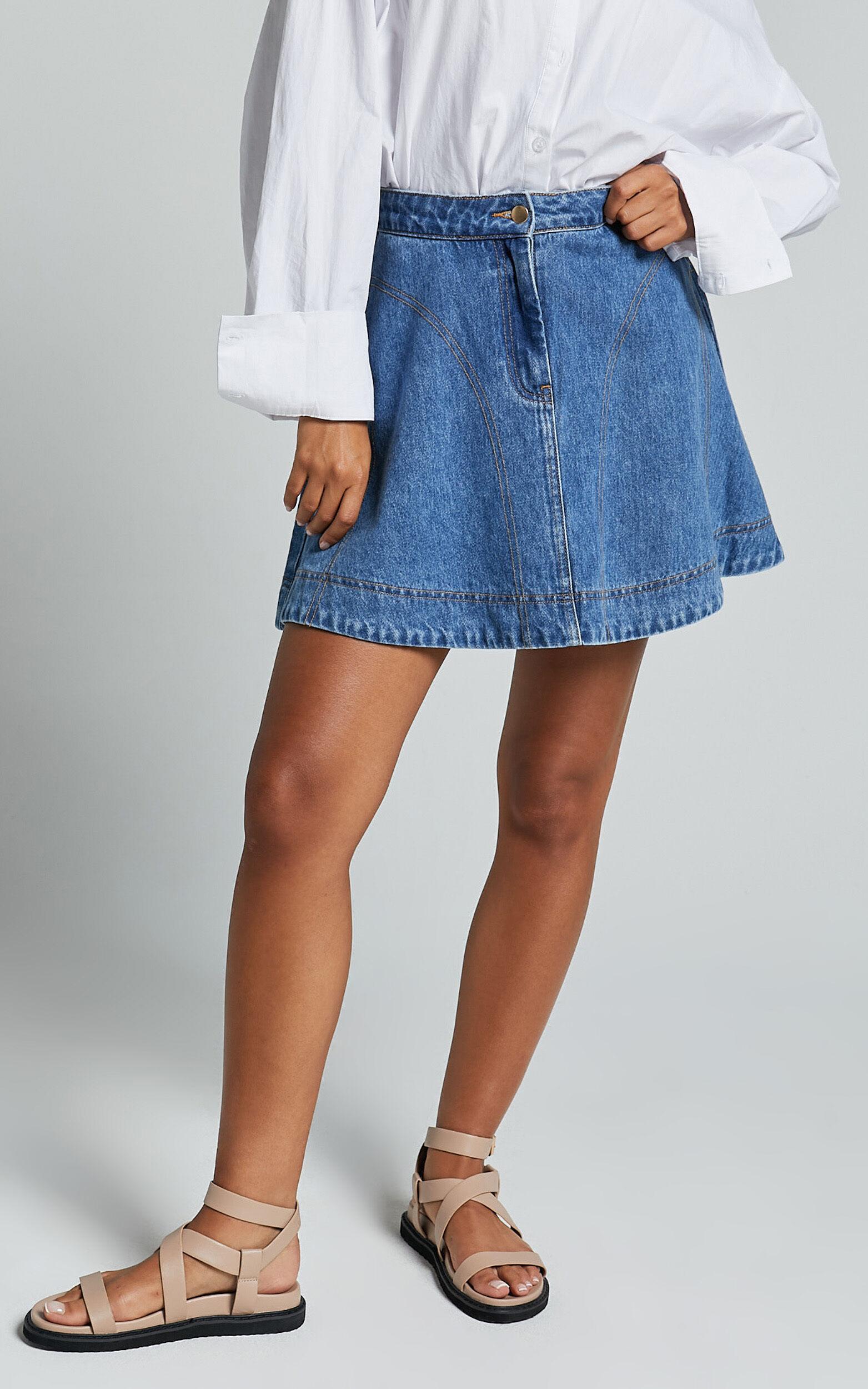 Koemi Skirt - High Waisted Denim Flare in Mid Blue Wash Product Image