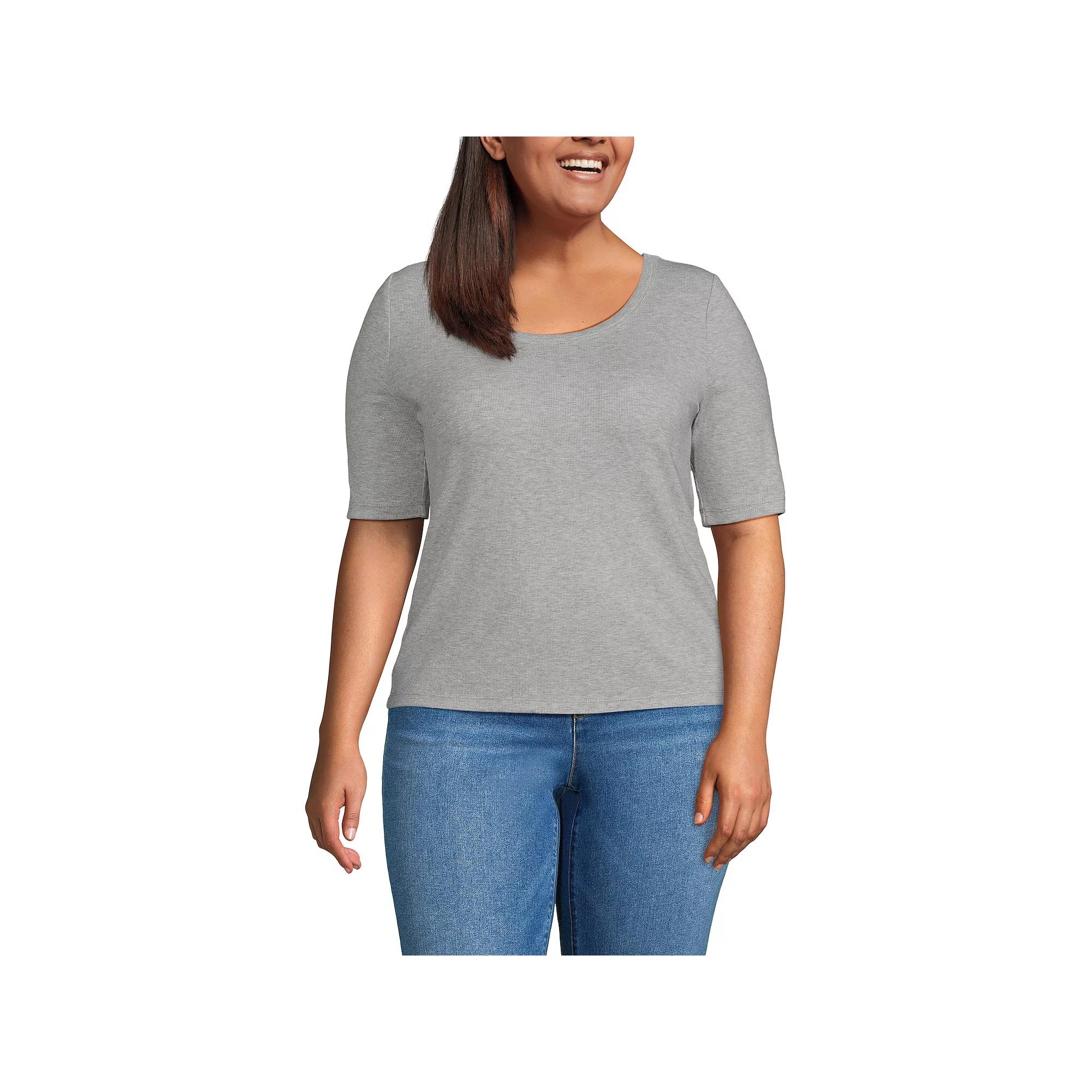 Plus Size Lands' End Drapey Rib Fitted Elbow Sleeve Scoop Neck Tee, Women's, Size: 3XL, Frosted Green Stripe Product Image