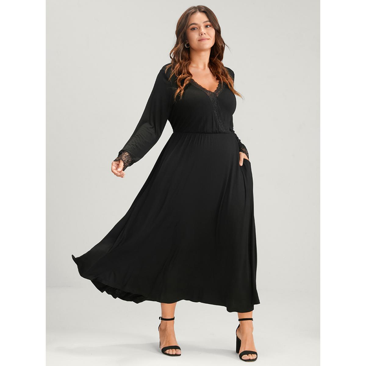 Plus Size Solid Lace Patchwork Pocket Wrap Maxi Dress Without Belt Black Women Elegant Lace V-neck Long Sleeve Curvy Long Dress BloomChic 14-16/1X Product Image