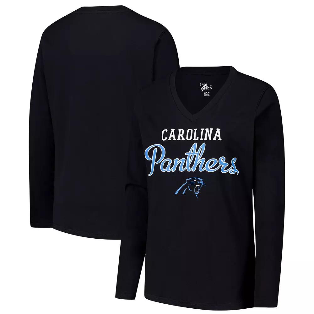 Women's G-III 4Her by Carl Banks Black Carolina Panthers Post Season Long Sleeve V-Neck T-Shirt,  Product Image