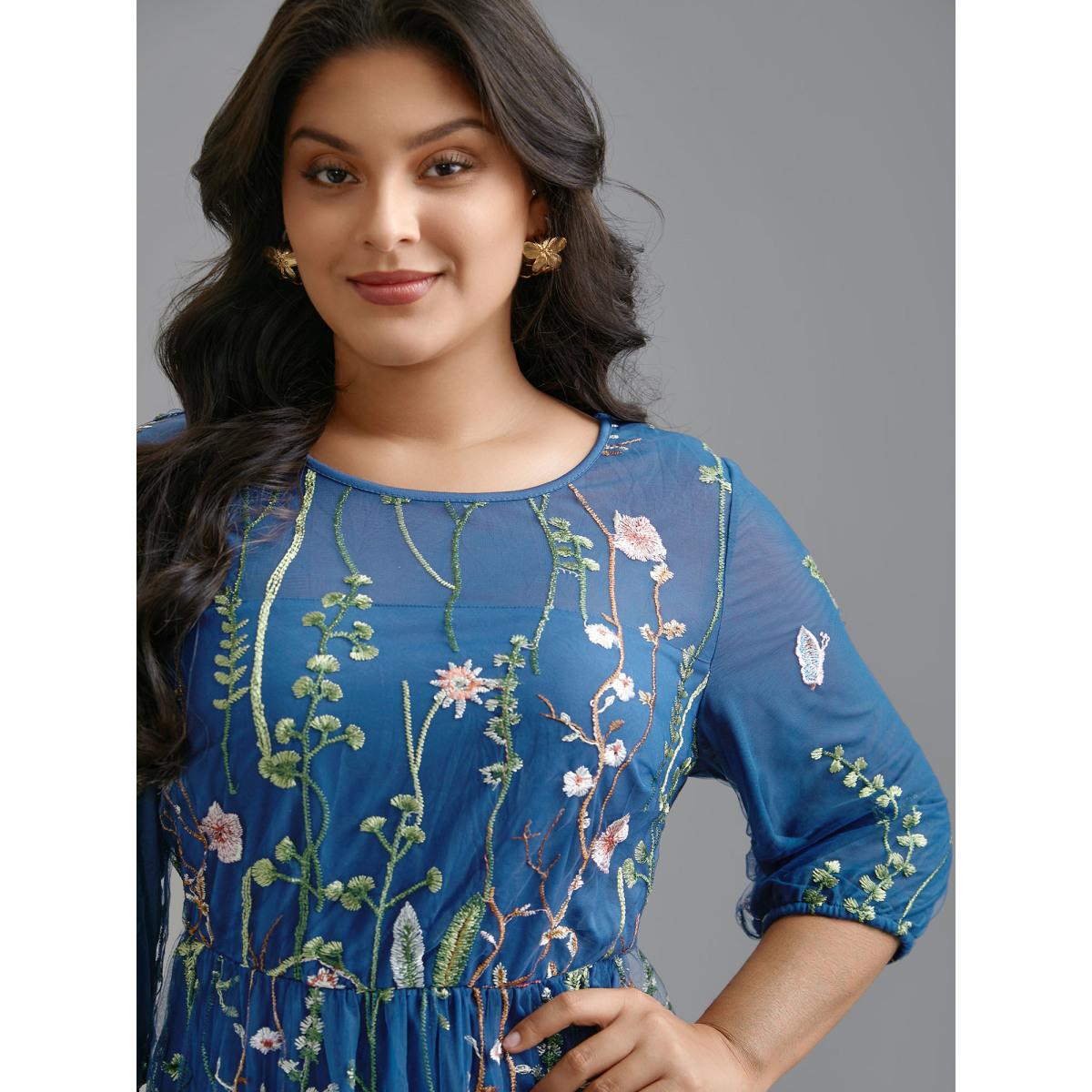 Plus Size Floral Embroidered Elastic Waist Lined Midi Dress Mediumblue Women Formal Texture Party Curvy Bloomchic 14-16/1X Product Image