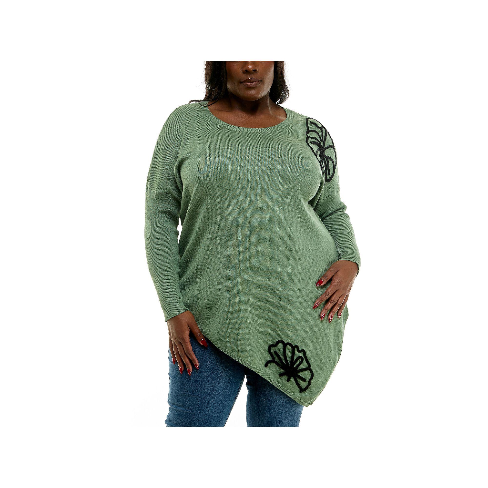 Plus Size Nina Leonard Oversized Floral Pattern Sweater, Women's, Size: 2XL, Black Ivory Product Image