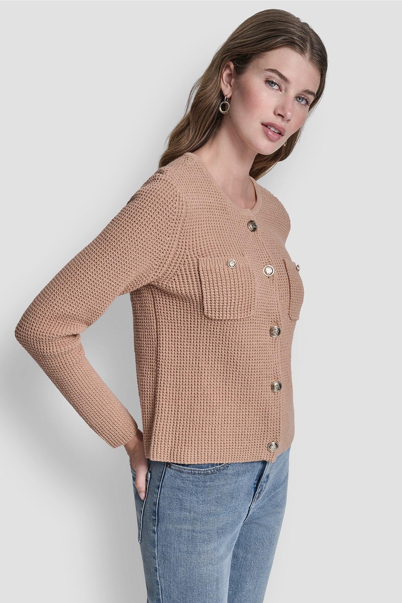 TUCK STITCH CREW NECK CARDIGAN Product Image