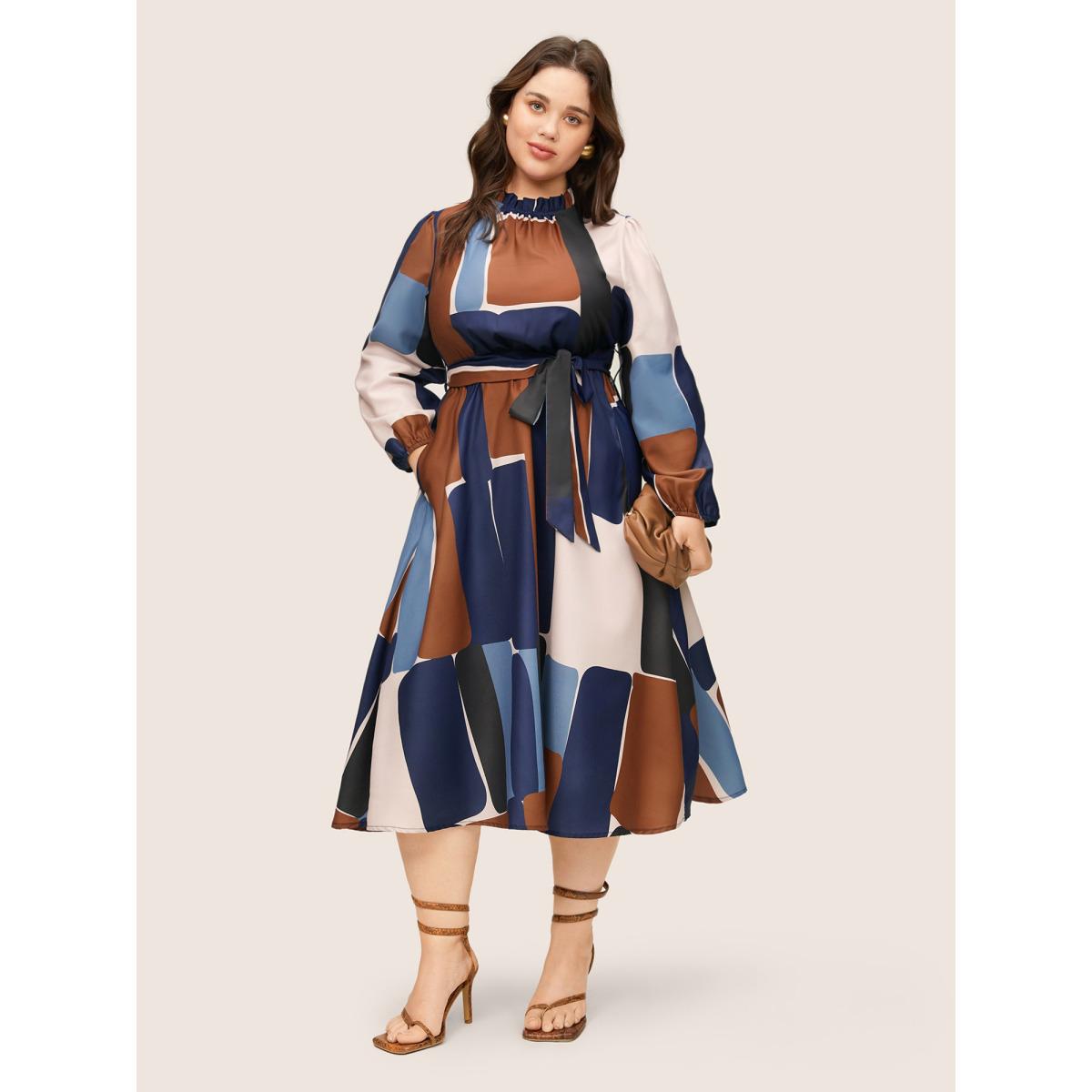 Plus Size Colorblock Contrast Gathered Frill Trim Belted Dress Multicolor Women Elegant Non Mock Neck Long Sleeve Curvy Midi Dress BloomChic 30/6X Product Image