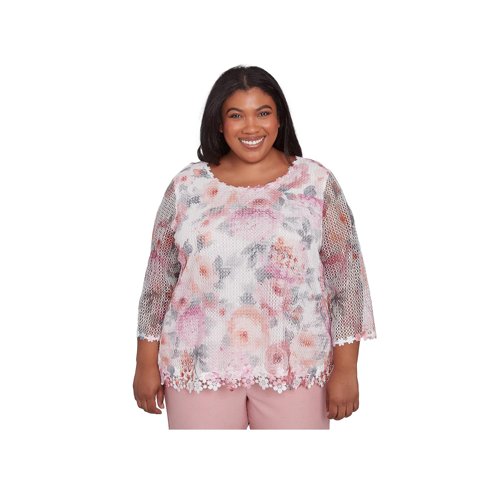 Plus Size Alfred Dunner Floral Mesh Watercolor Top, Women's, Size: 2XL, Pink Team Product Image