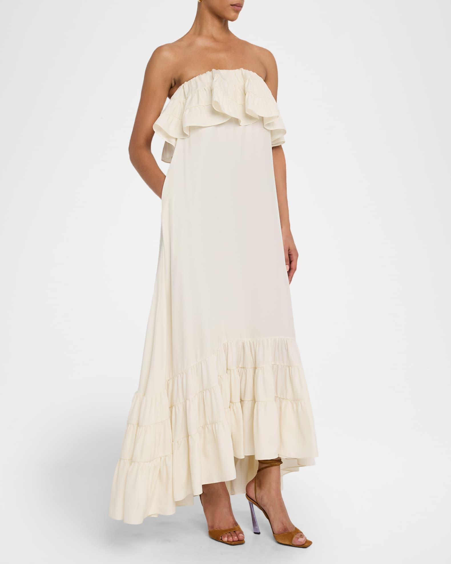 Strapless Tiered Ruffle High-Low Midi Dress Product Image