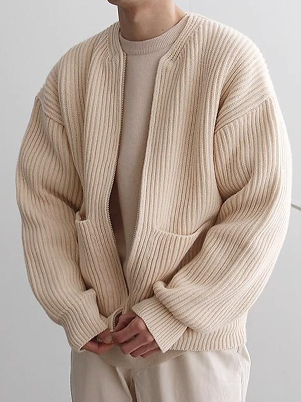 Men's Solid Color Rib Zip Up Cardigan Sweater Product Image