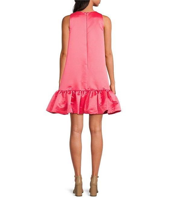 Trina Turk Winner Satin Crew Neck Sleeveless Flounce Ruffle Hem Mini Dress Product Image
