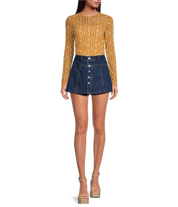 Gianni Bini Matty Printed Crew Neck Long Sleeve Mesh Top Product Image