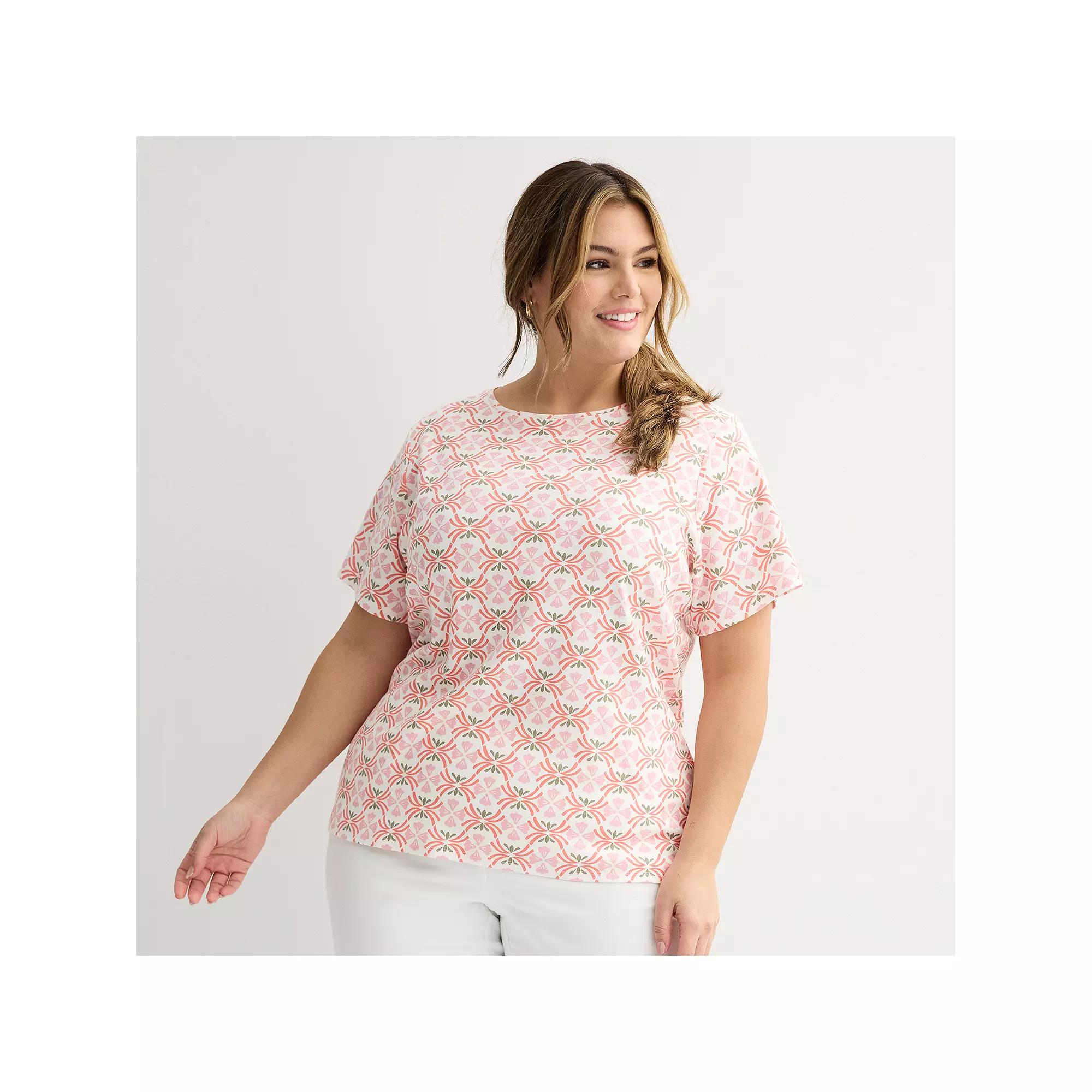 Plus Size Croft & Barrow® Essential Crewneck Top, Women's, Size: 1XL, Pink White Tile Product Image