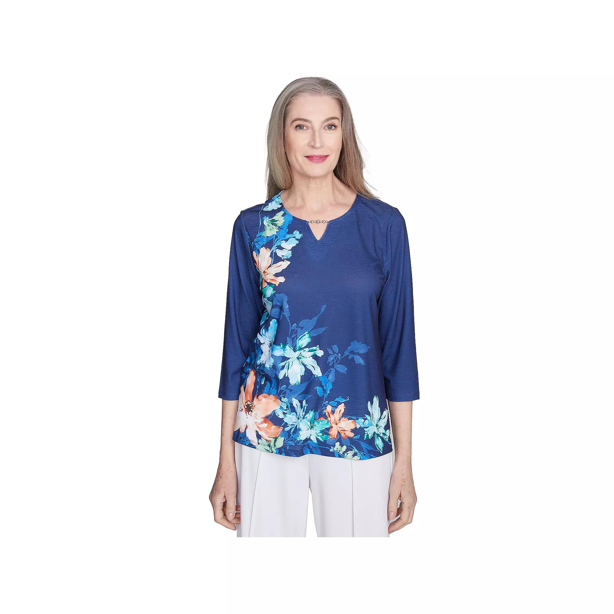 Women's Alfred Dunner Asymmetric Floral Beaded Split Neck Top,  Product Image