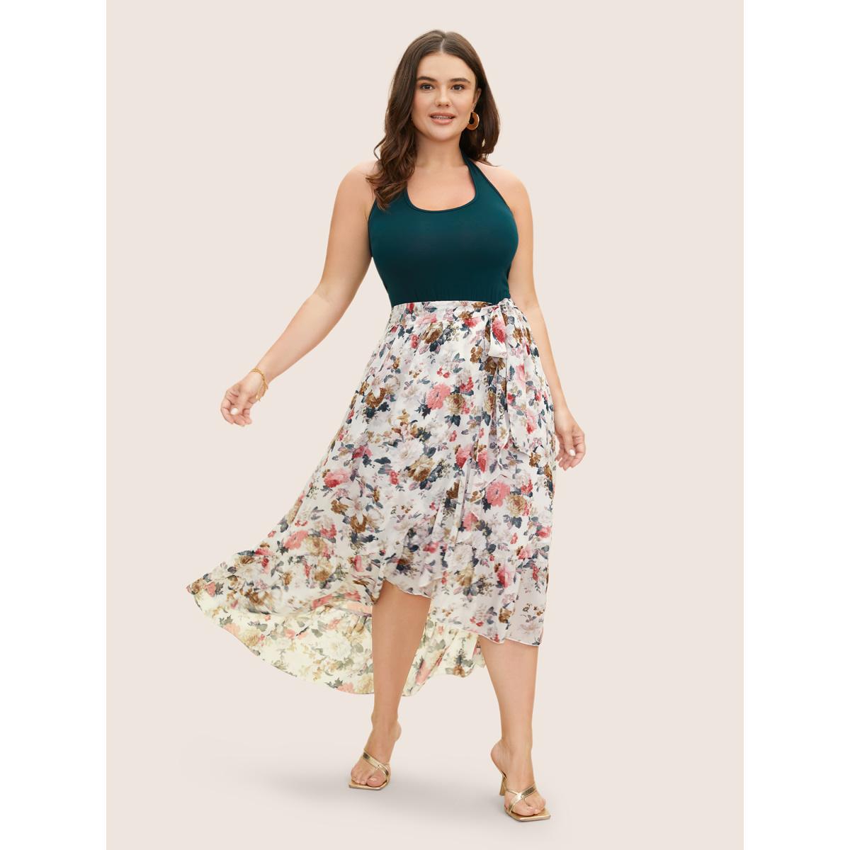 Plus Size Halter Neck Patchwork Floral Belted Dress DarkGreen Women Elegant Halter neck Sleeveless Curvy BloomChic 10/M Product Image