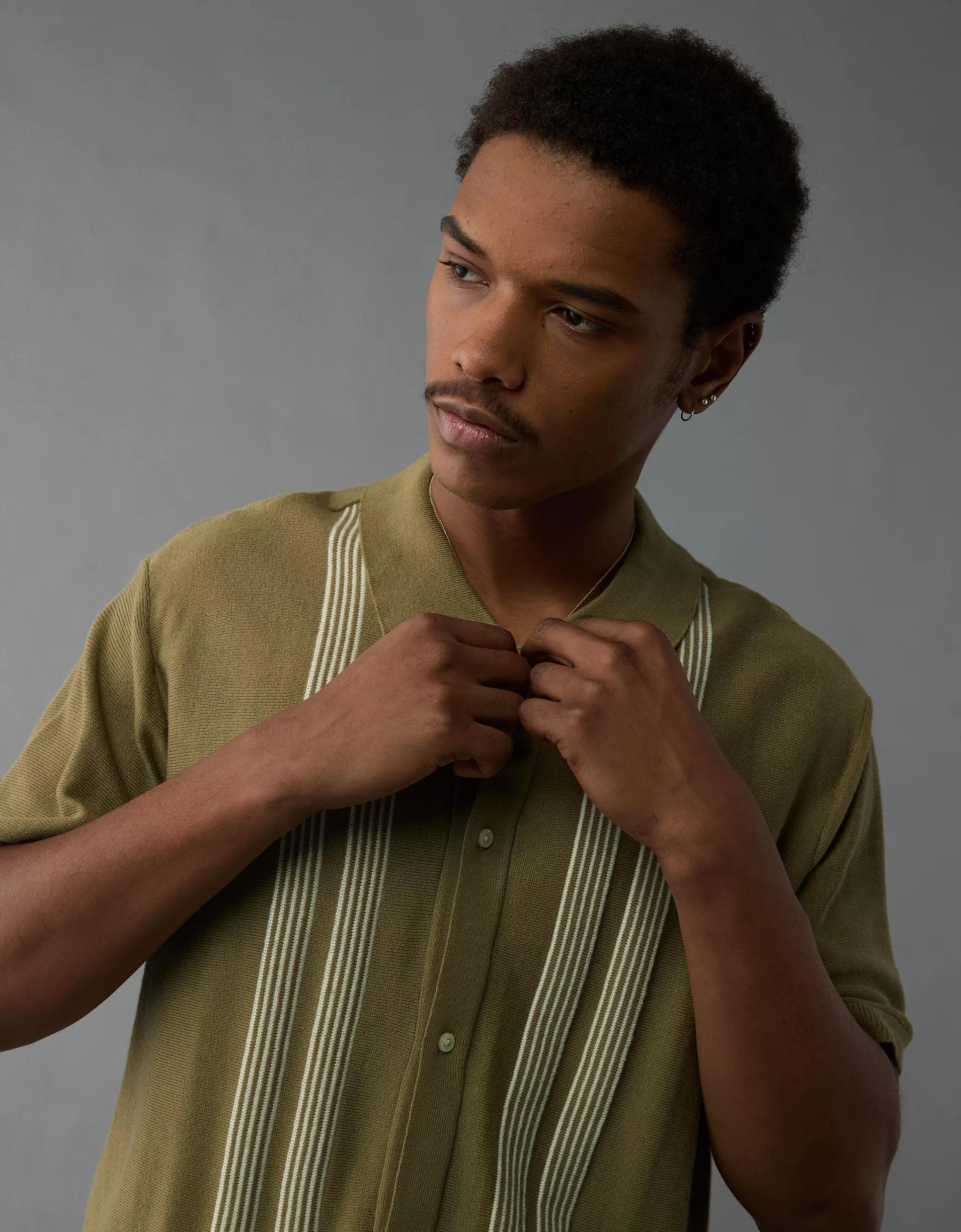 AE Weekend Button-Up Striped Sweater Polo Shirt Product Image