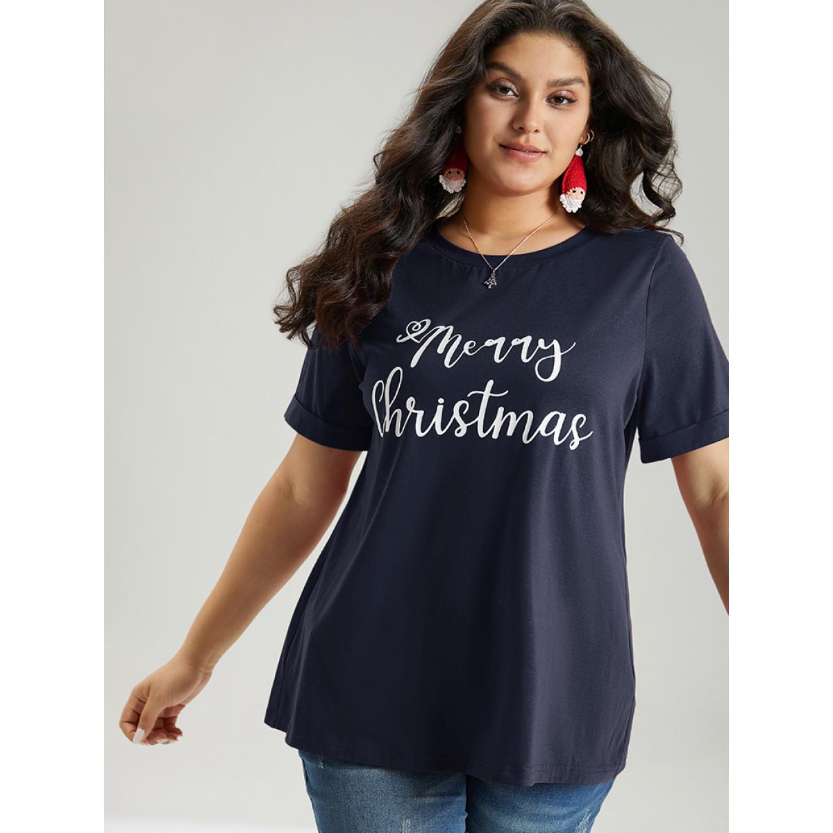 Plus Size Christmas Print Round Neck T-shirt Indigo Women Casual Printed Christmas Festival-Christmas T-shirts BloomChic 18-20/2X Product Image