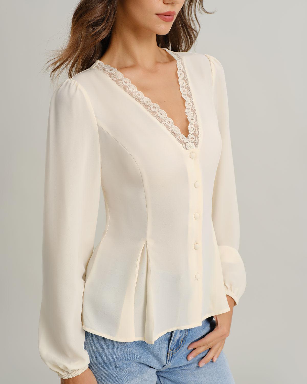 Apricot V Neck Lace Lantern Sleeve Blouse Product Image