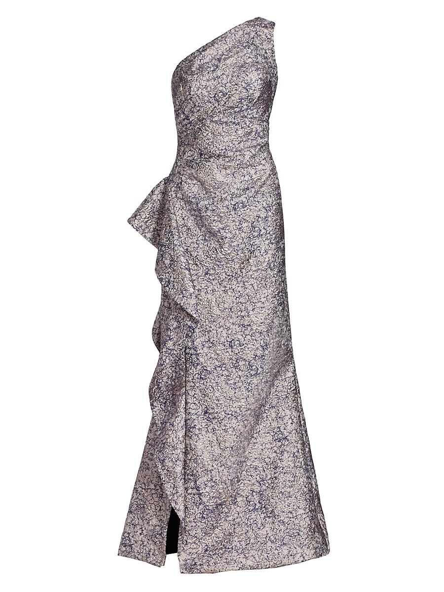 Womens Metallic Jacquard One-Shoulder Gown Product Image
