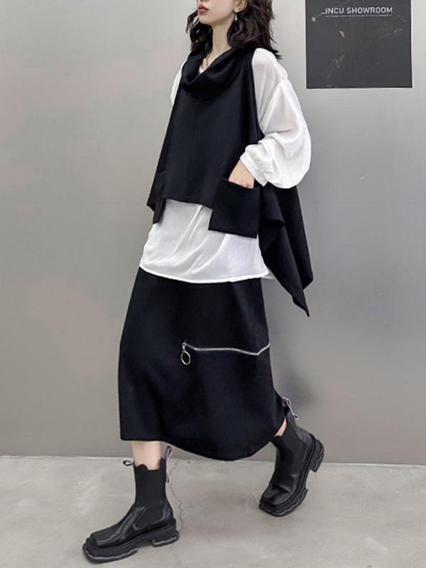 High-Low Irregular Clipping Hooded Solid Color Heaps Collar Vest Top Product Image