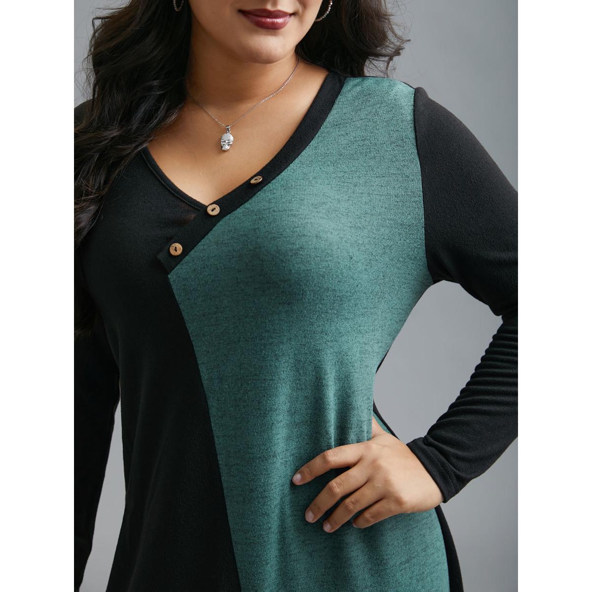 Plus Size V Neck Contrast Patchwork Button Detail Dress Black Women Casual Contrast Knit Dresses Bloomchic 12/L Product Image