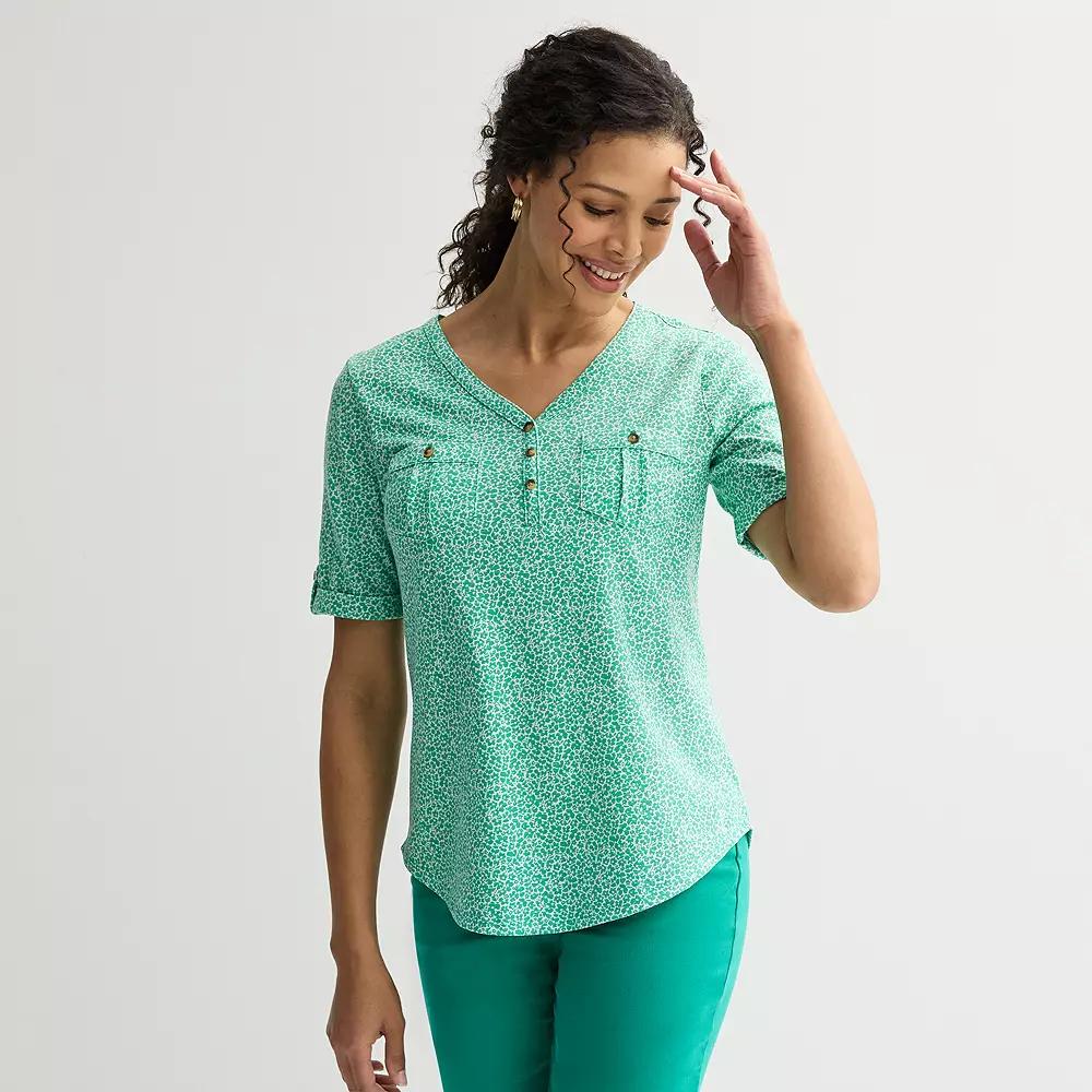 Women's Croft & Barrow® Elbow Sleeve Utility Henley Top, Size: Medium, Green Mini Garden Product Image