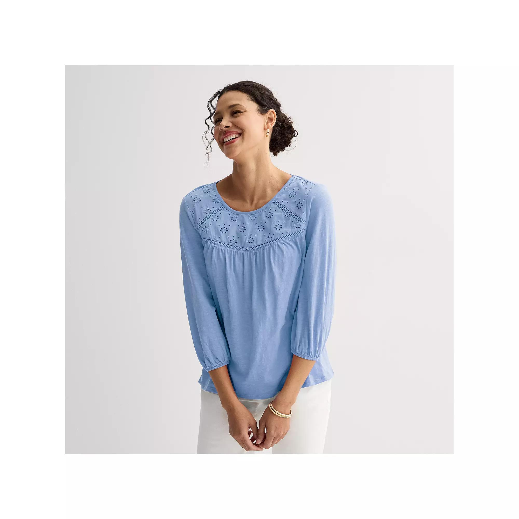Women's Croft & Barrow® Three-Quarter Sleeve Eyelet Yoke Top, Size: Small, Blue Product Image