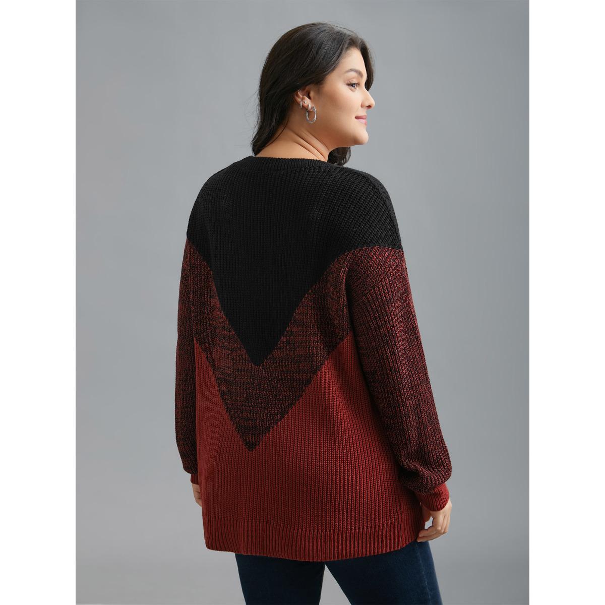 Plus Size Textured Balloon Sleeves Color Block Pullover Deepred Women Casual Loose Long Sleeve Round Neck Everyday Pullovers BloomChic 30/6X Product Image