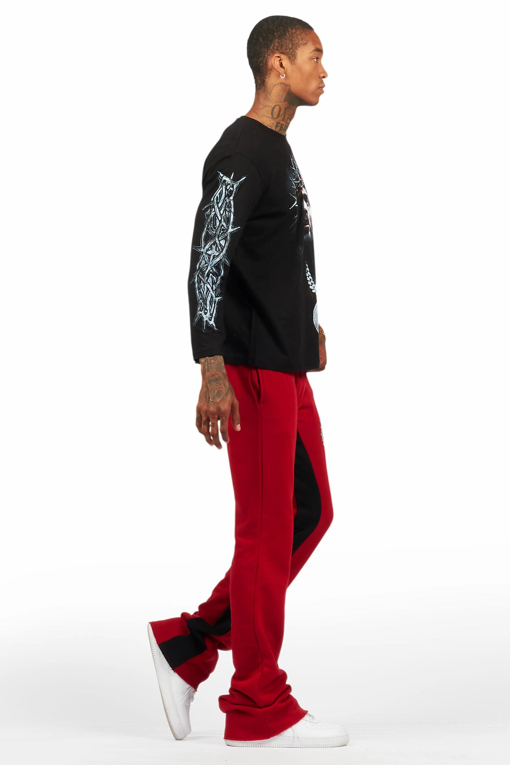 Amina Black/Burgundy Long Sleeve T-Shirt/Baggy Pant Set Male Product Image