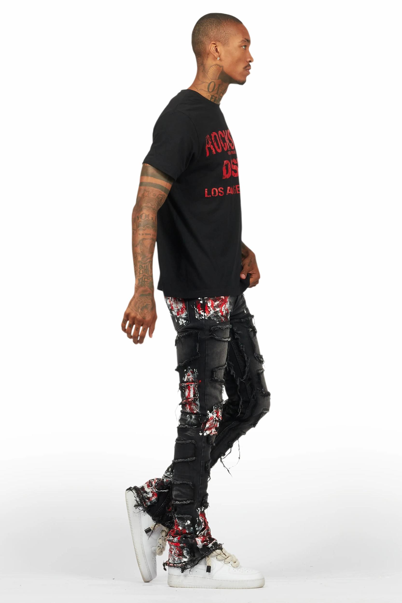 Saxon Dark Grey/Red T-Shirt/Stacked Flare Jean Set Male Product Image