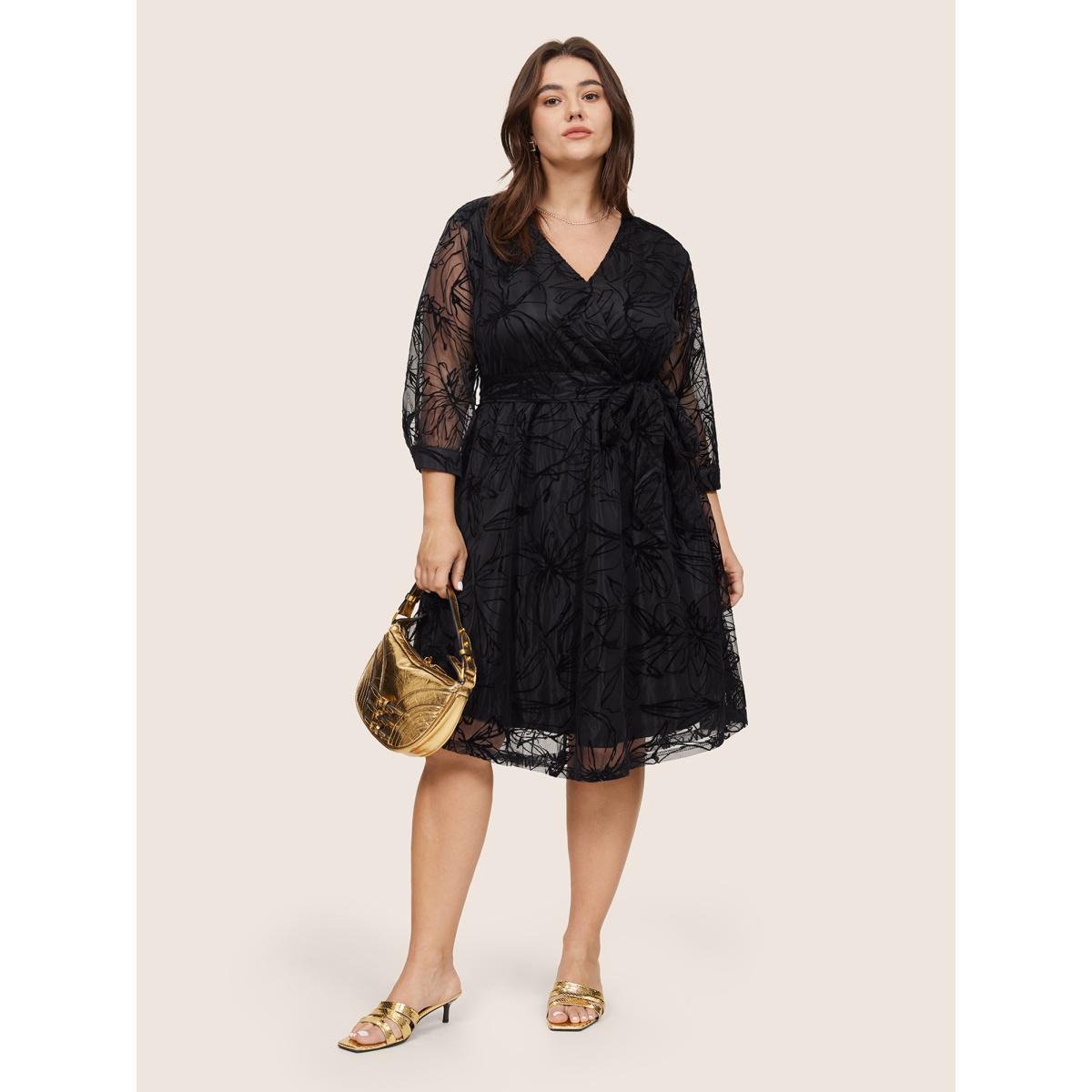 Plus Size Floral Flocked Tulle Belted Dress Black Women Glamour Wrap Overlap Collar Elbow-length sleeve Curvy Knee Dress BloomChic 18-20/2X Product Image