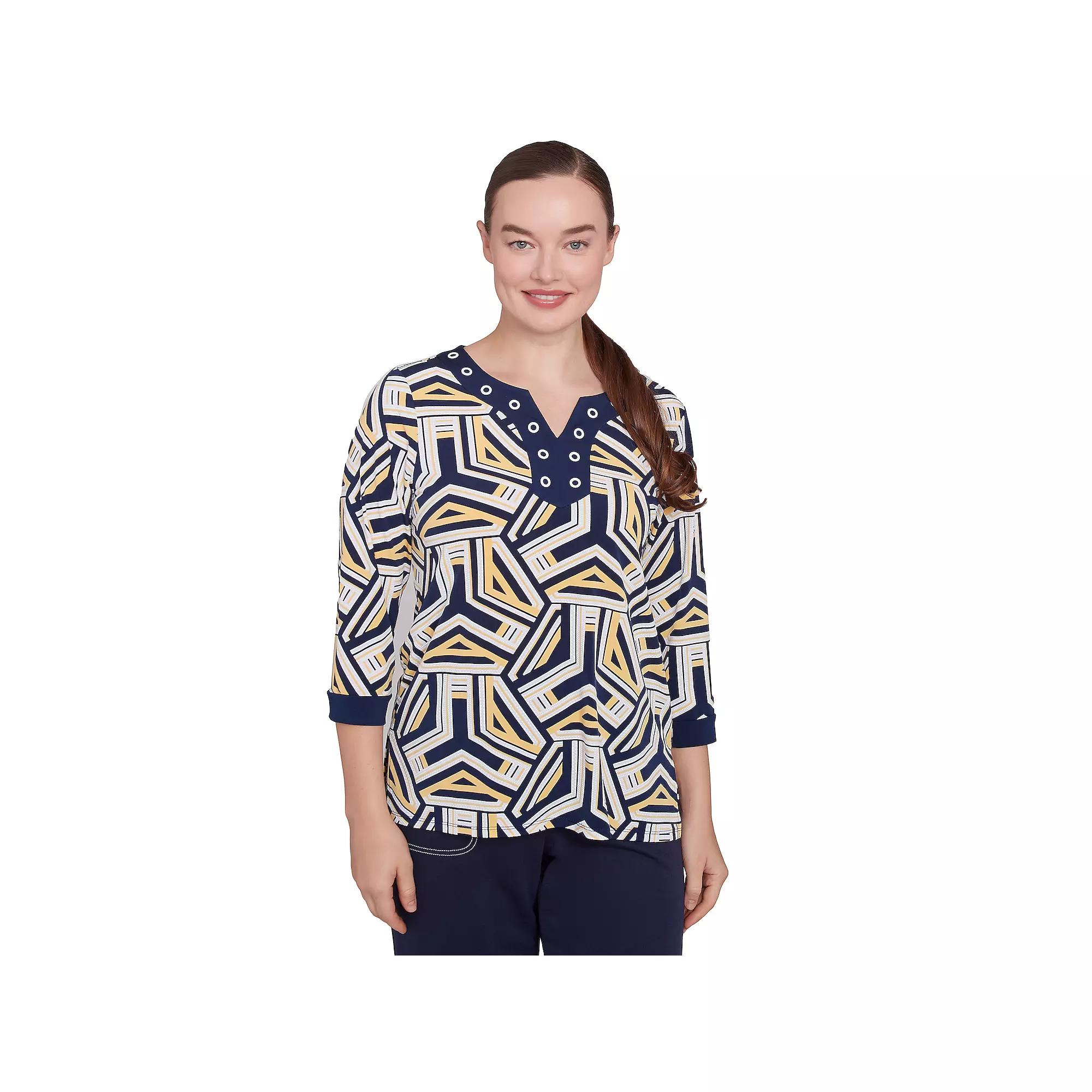 Petite Alfred Dunner Geometric Grommet Trim Top, Women's, Size: Large Petite, Blue Team Product Image