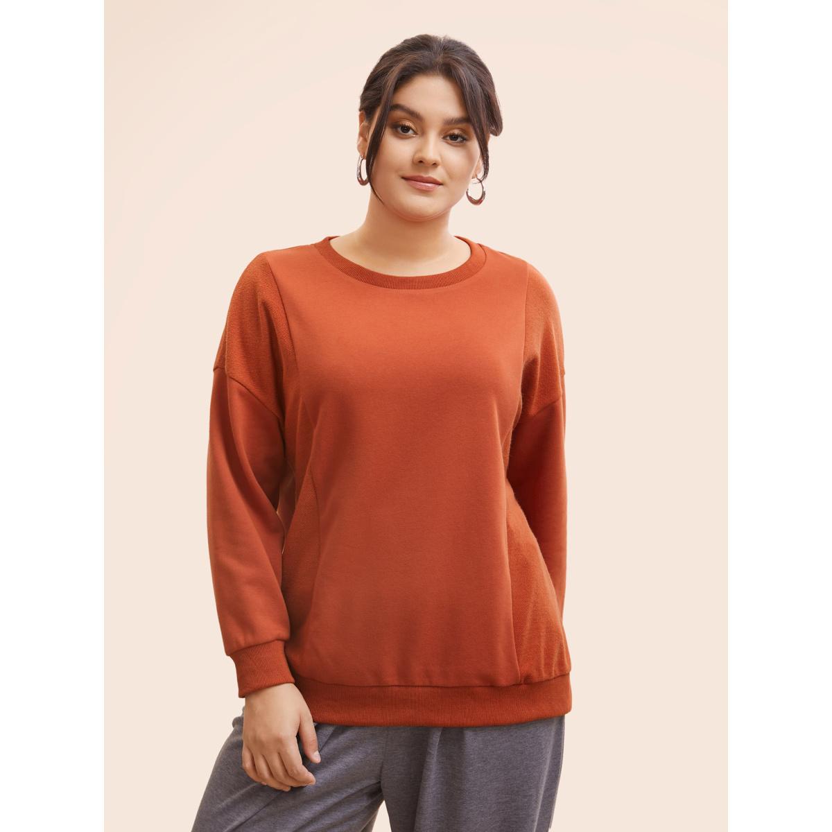 Plus Size Round Neck Patchwork Drop Shoulder Sweatshirt Women Rust Casual Patchwork Round Neck Everyday Sweatshirts BloomChic 22-24/3X Product Image