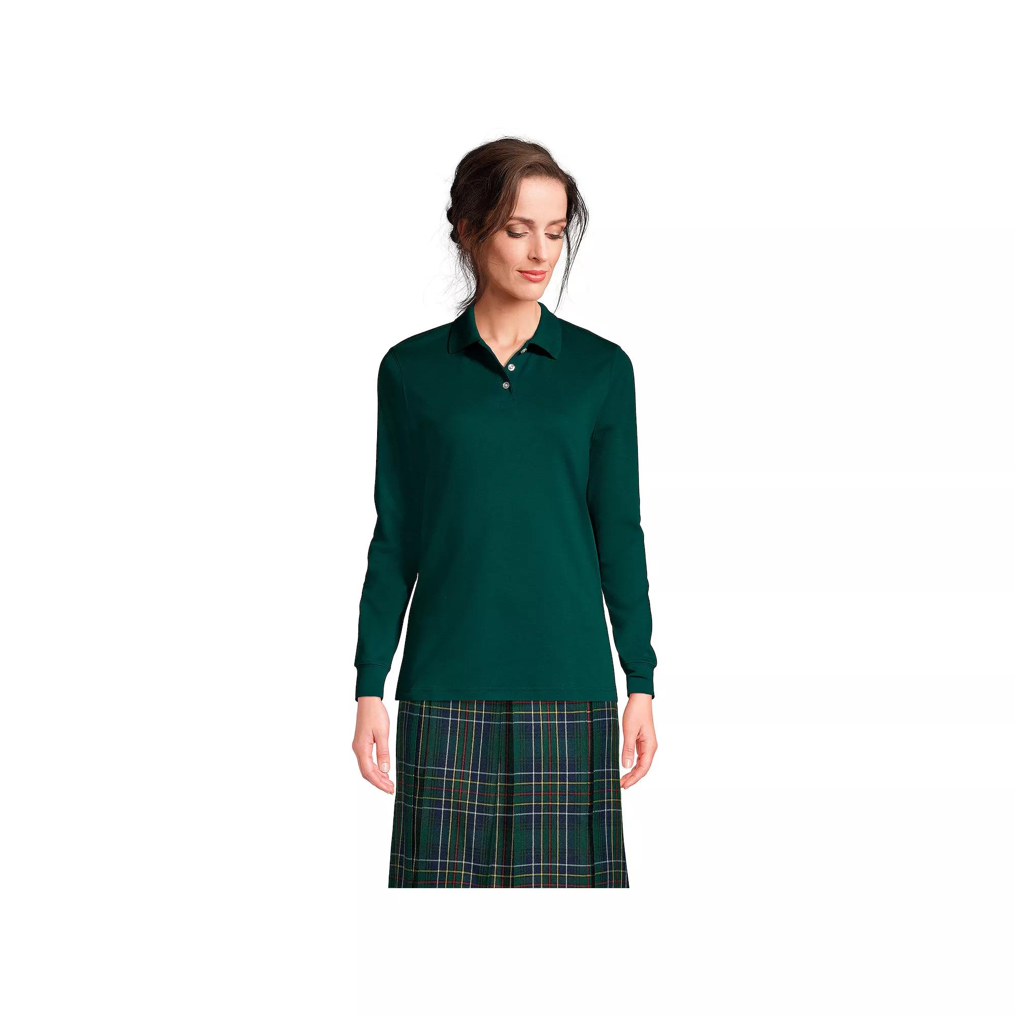 Women's Lands' End School Uniform Long Sleeve 3-Button Interlock Polo Shirt,  Product Image