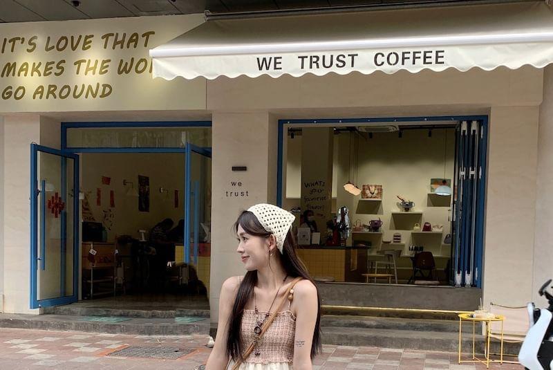 Spaghetti Strap Plaid Panel Tiered Midi A-Line Dress / Crochet Cardigan Product Image