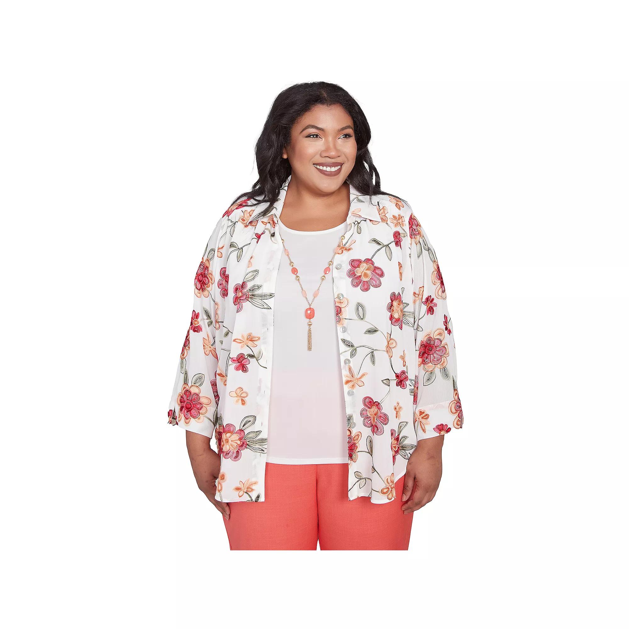Plus Size Alfred Dunner Bright Floral Two-In-One Top with Necklace, Women's, Size: 2XL, White Product Image