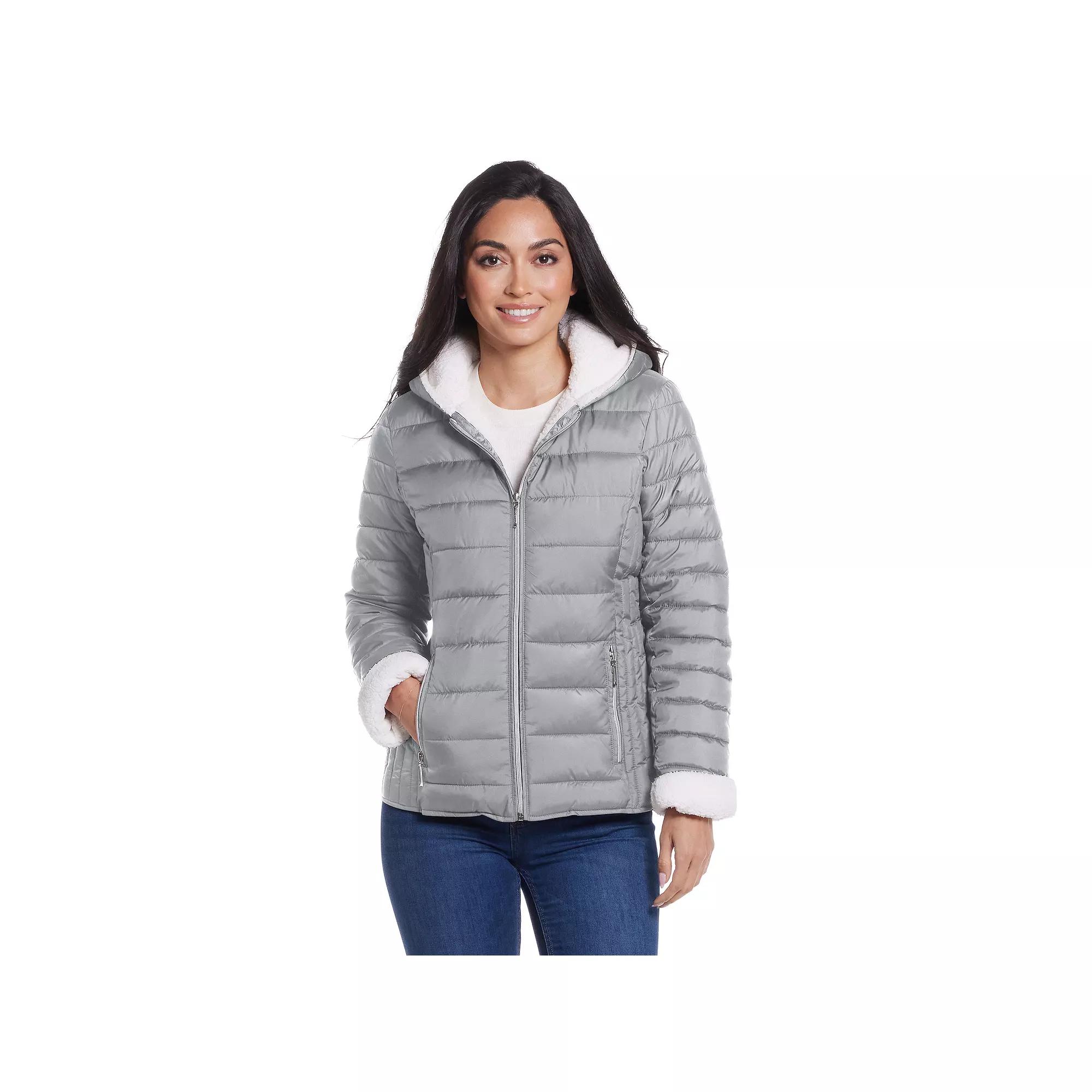 Women's Weathercast Hood Sherpa-Lined Puffer Jacket, Size: XL, Silver Product Image