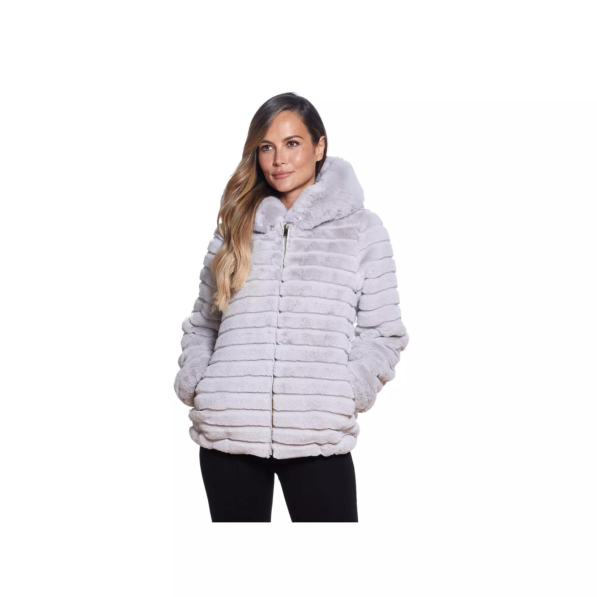 Women's Gallery Hooded Grooved Faux-Fur Jacket,  Product Image