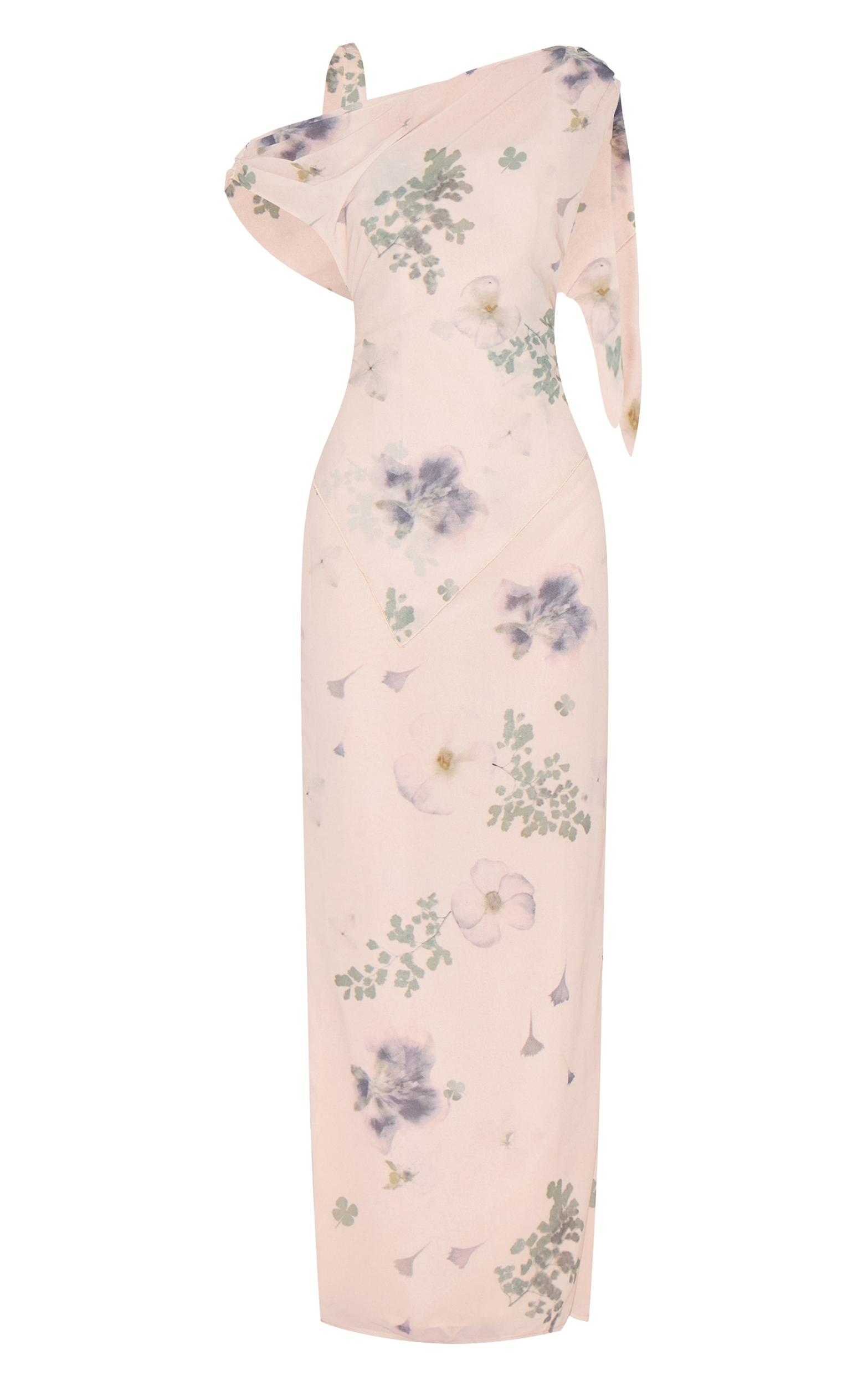 Sand Abstract Printed Chiffon Draped Maxi Dress Product Image