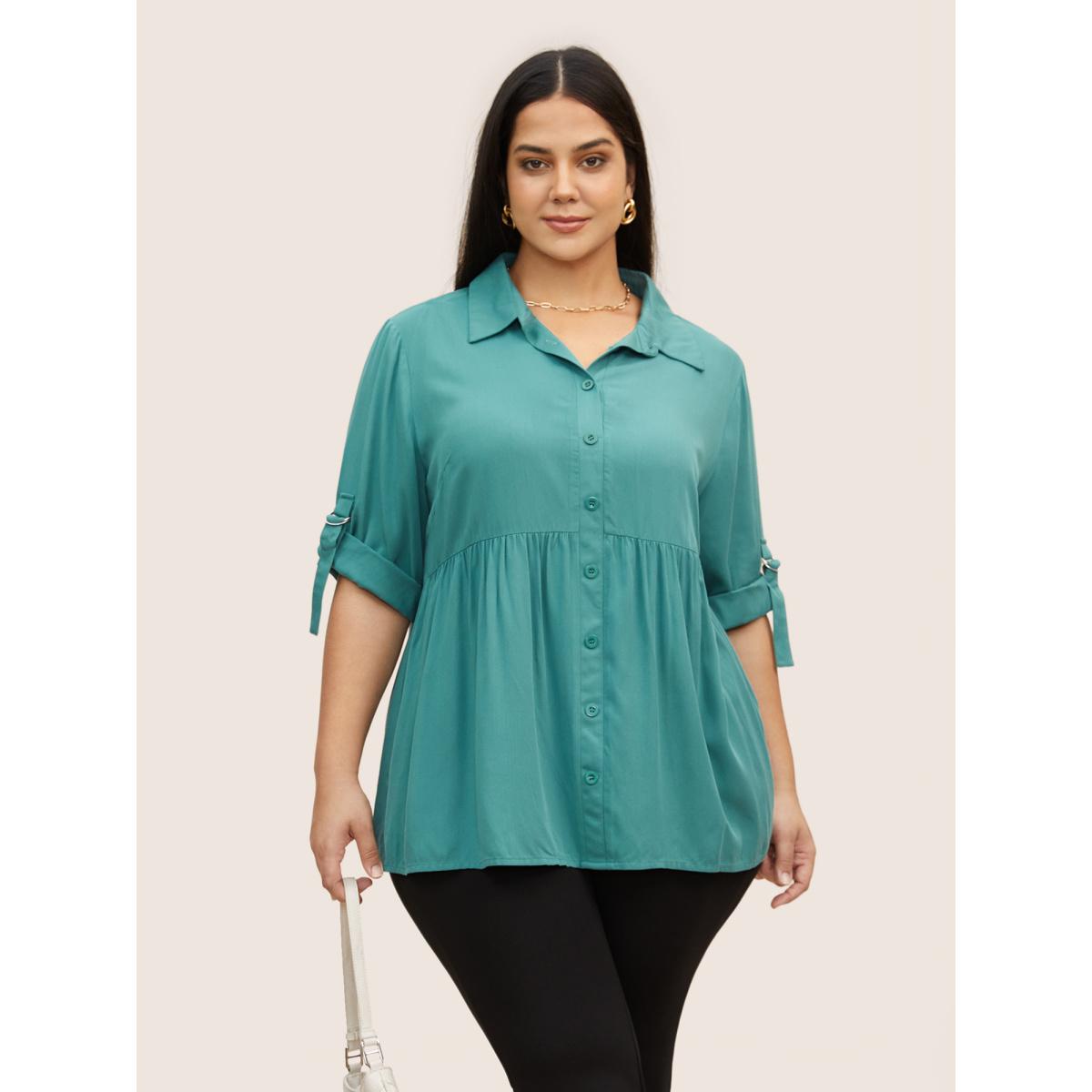 Plus Size Emerald Rayon Shirt Collar Button Cuff Sleeve Blouse Women Work From Home Elbow-length sleeve Shirt collar Work Blouses BloomChic 12/L Product Image